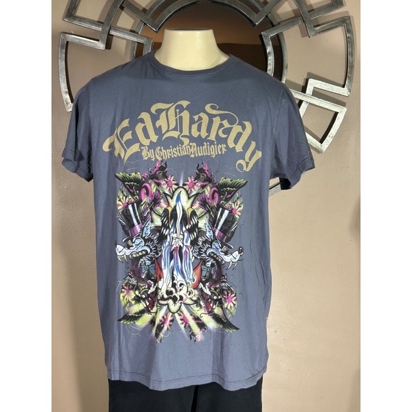 Ed Hardy Other - Ed Hardy Christian Audigier Men's Graphic Shirt Dark Grey XXL Death‎ Angel Lover